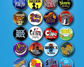Broadway Show Inspired Pins, Buttons, 1.25", Musical Theater, Broadway Gifts, Select Your Favorite