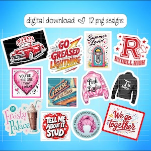 May include: A collection of 12 PNG designs with a blue background. The designs include text and illustrations from the musical "Grease", such as a red car, pink jacket, and the words "Greased Lightning".