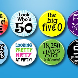 50th Birthday Pins, Buttons, 1.25" Pinbacks, Set of 8, Fifty Fabulous, 50th Birthday Gift, 50th Party, Fifty Ultimate F Word