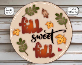 Herbstliches Verandaschild „Süßer Herbst“ (SVG), lasergeschnittenes Willkommensschild aus Holz mit Herbstblättern