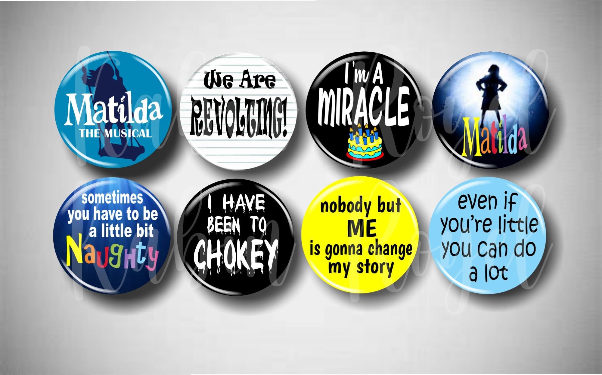 Matilda // Chokey // Musical Pins, Buttons, 1.25" Set of 8 Pinbacks, Broadway Pins, Broadway Gifts, Musical Theatre, Theatre Gifts