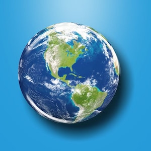 May include: A blue and green globe of the Earth with North and South America visible.