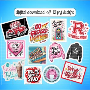 Grease PNG, Merchandising musical de Grease, Pegatinas, Musical, Adornos para cupcakes, Accesorios para fotomatón, Arte mural, Musicales de Broadway, Teatro musical, Regalos