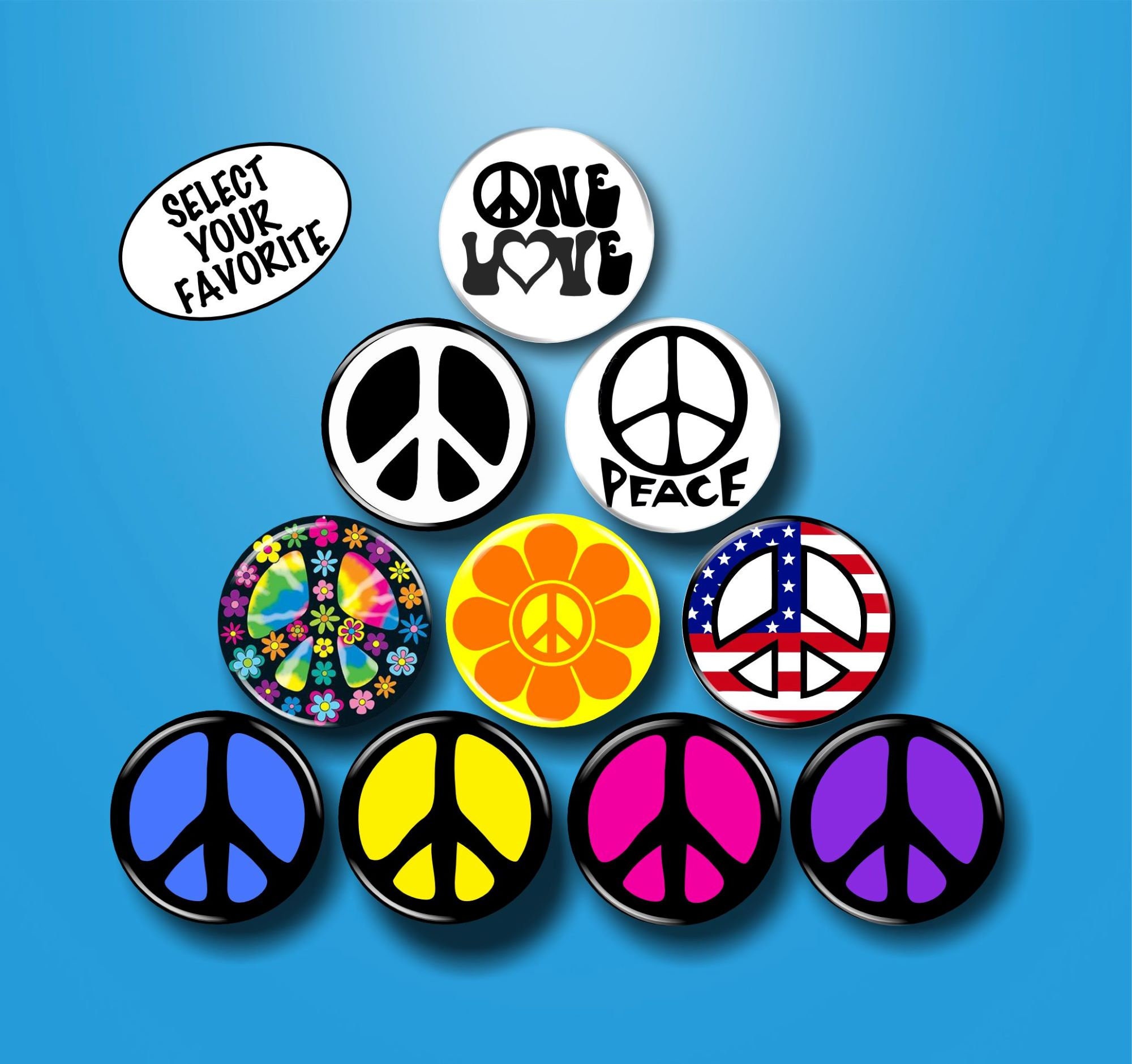 ヴィンテージ　アンティーク　PEACE ピースマーク　バッジ　ヒッピー ビンテージ ピースマーク 缶バッジ 4点セット | すべての商品