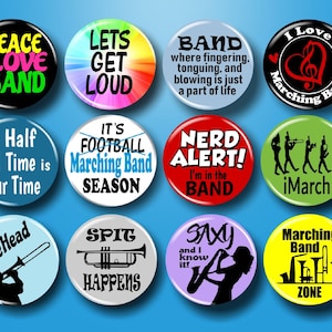 Marching Band Buttons 1.25&quot; Pins Set of 12 Student Class Gift Ideas Shirt Backpack Purse Accessories