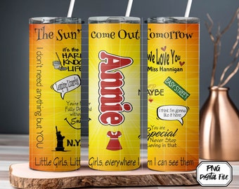 Annie Tumbler Wrap, 20 oz Skinny Tumbler, Broadway Tumbler, Broadway Gift, Tumbler Design, Drama, Musical Theatre, Annie PNG, Annie Musical