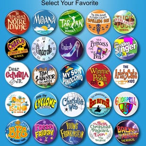 Broadway Musical Show Pins: Theater Lover Gifts, Drama Buttons, (Select Your Favorite)