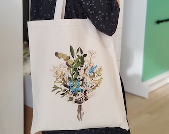 Flower Bouquet Tote Bag, Art Drawing Tote Bag, Cotton Tote Bag, Organic Cotton, Trendy Bag, Artsy Tote Bag