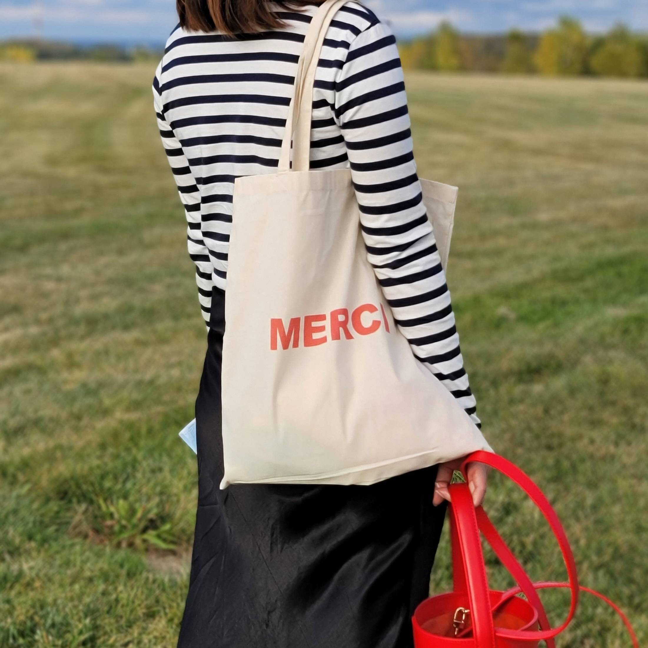 Cotton Tote Bag - Cream & Burgundy - Merci