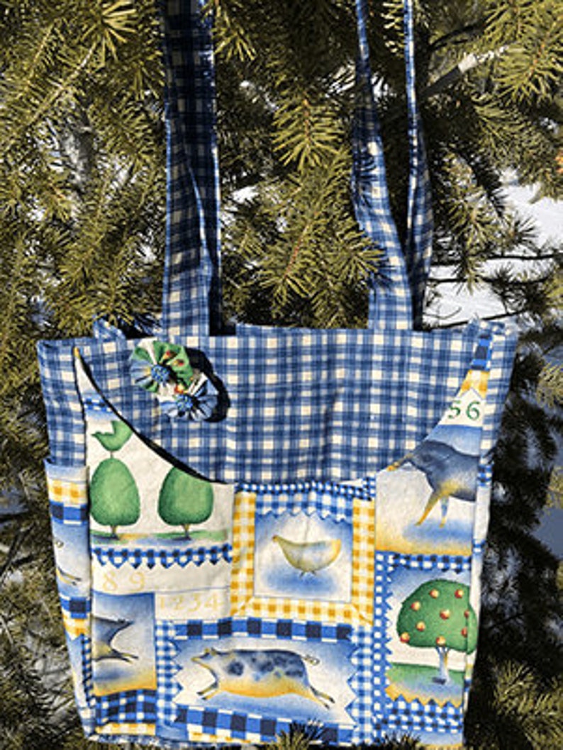 Barnyard Buddies Handmade Checkered Reuseable Tote With Pockets and Barnyard Animal Theme