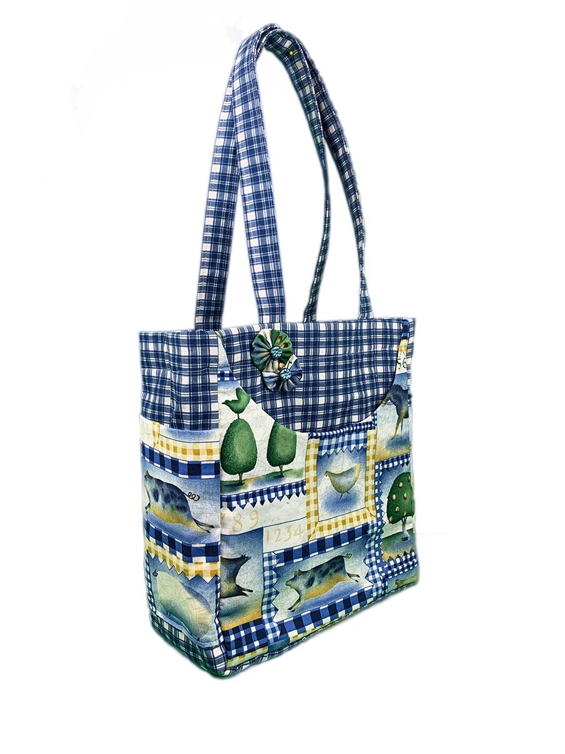 Barnyard Buddies Handmade Checkered Reuseable Tote With Pockets and Barnyard Animal Theme