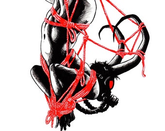 Suspended in Silence 11x17 original art print demon angel rope bondage fetish kinbaku shibari fetish kink goth emo girl sub dom gas mask