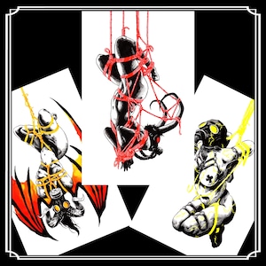 May include: Illustration featuring three figures in bondage, each with unique characteristics. One figure is suspended with red rope, another has red wings and yellow rope, and the third wears a gas mask and yellow accents. The artwork is in black, white, and red.