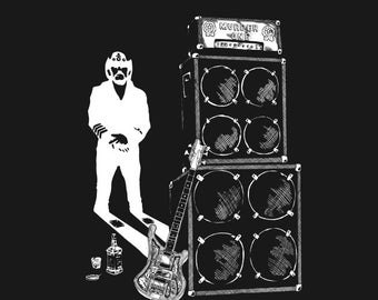 Lemmy original art comic style portrait kilmister Motorhead marshall amps murder one rickenbacker rest in peace