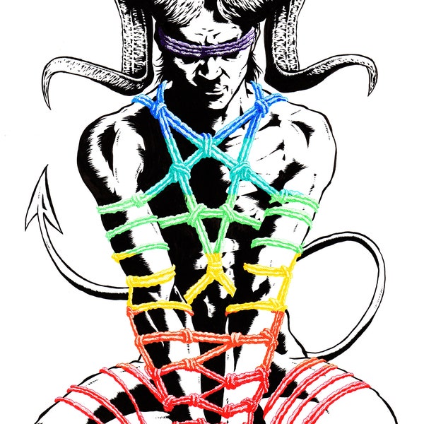 Bound in Pride 11x17 original art print demon angel rope bondage fetish kinbaku shibari gay lgb lgbtq lgbtqia pride rainbow rights