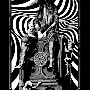 Peut inclure: Illustration en noir et blanc d'une carte de tarot, la Reine des Pentacles. La Reine est repr&eacute;sent&eacute;e comme une femme aux cheveux longs et une couronne, assise sur un tr&ocirc;ne avec un symbole de pentagramme. Elle est entour&eacute;e de trois petites figures.