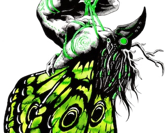 Suspended in Green 11x17 original art print fairy fae faerie dryad rope bondage fetish kinbaku shibari plague doctor mask tattoos goth emo