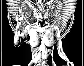 Catphomet 11x17 original art prints goth emo girls dark fantasy horror cat kitty kitties satanism baphomet church of satan pentacle devil