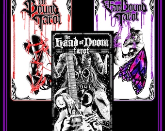 May include: Three tarot card designs featuring black and white illustrations. The first card is titled "The Bound Tarot" and features a person bound with red rope. The second card is titled "The Hand of Doom Tarot" and features a person with a gas mask and horns playing a guitar. The third card is titled "The Facebound Tarot" and features a person with wings and a bird head.