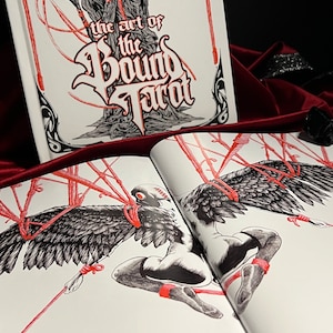 May include: Open book with the title "The Art of the Bound Tarot" on the cover. The book is open to a page with a black and white illustration of a figure with wings bound with red cords.