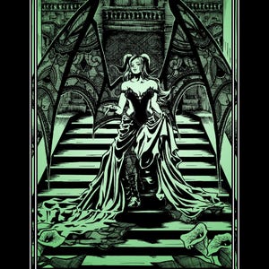 Op de afbeelding: Groene en zwarte tarotkaartillustratie van "The Empress". Een vrouw met grote, sierlijke vleugels staat op een trap. De kaart heeft een decoratieve rand en het nummer "03" bovenaan. De tekst "THE EMPRESS" staat onderaan.