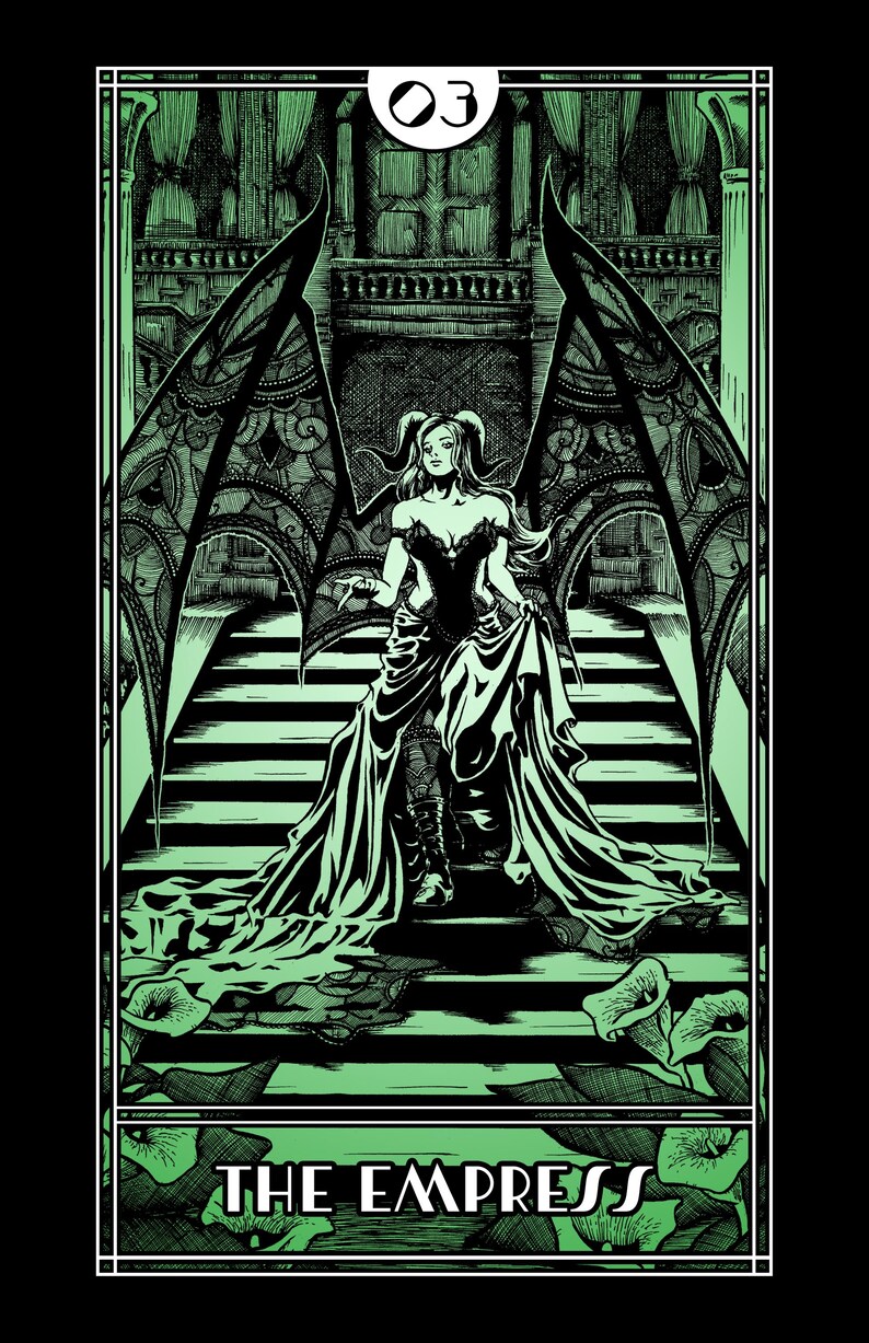 Op de afbeelding: Groene en zwarte tarotkaartillustratie van "The Empress". Een vrouw met grote, sierlijke vleugels staat op een trap. De kaart heeft een decoratieve rand en het nummer "03" bovenaan. De tekst "THE EMPRESS" staat onderaan.