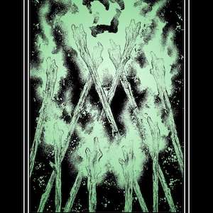 Op de afbeelding: Een tarotkaartillustratie met een zwarte achtergrond en een groen, rokerig effect. De kaart toont tien staven in een kruisvorm, met een schedelachtig beeld bovenaan. De tekst "TEN OF WANDS" staat onderaan.