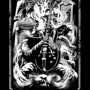 Peut inclure: Une illustration en noir et blanc d'une carte de tarot, Le Magicien. La carte repr&eacute;sente une figure portant un chapeau jouant de la guitare dans un cimeti&egrave;re. La carte est encadr&eacute;e d'une bordure noire et le texte "I - The Magician" est en bas.