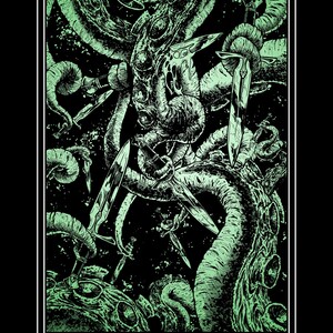Op de afbeelding: Een tarotkaartillustratie in groen en zwart. De afbeelding toont een monsterlijk wezen met tentakels en zwaarden. De tekst "NINE OF SWORDS" wordt onderaan de kaart weergegeven.