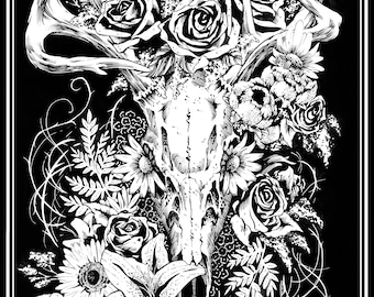 Vernalis 11x17 originalkonsttryck serierna goth emo tjejer skalle jakt hjort skalle blommor rosor löv död dödskallar mörk fantasi skräck
