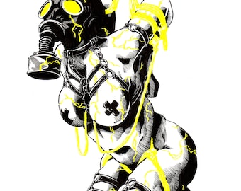 Suspended in Yellow 11x17 original art print demon kintsugi rope bondage fetish kinbaku shibari leather latex goth emo girl kink gas mask