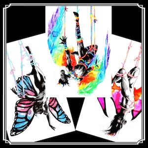 May include: Watercolor artwork featuring three figures suspended by ropes. Each figure is depicted in a different pose, with vibrant rainbow-colored backgrounds and butterfly-inspired wings. The figures are adorned with colorful accents.