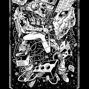 Peut inclure: Illustration en noir et blanc d'un astronaute jouant de la guitare dans l'espace. L'astronaute porte une combinaison spatiale et un casque. La guitare est de conception futuriste avec un corps large et un long manche. L'astronaute est entour&eacute; d'&eacute;toiles et de plan&egrave;tes. Le texte "XVIII - The Star" est en bas de l'image.