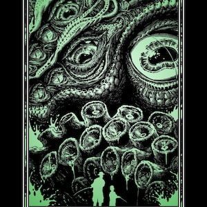 Op de afbeelding: Een tarotkaartillustratie met een monsterlijk wezen met meerdere ogen en tentakels, in zwart en groen. De kaart is bovenaan gelabeld met "15" en onderaan met "THE DEVIL", met een groene rand.