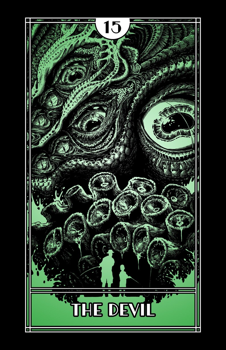 Op de afbeelding: Een tarotkaartillustratie met een monsterlijk wezen met meerdere ogen en tentakels, in zwart en groen. De kaart is bovenaan gelabeld met "15" en onderaan met "THE DEVIL", met een groene rand.