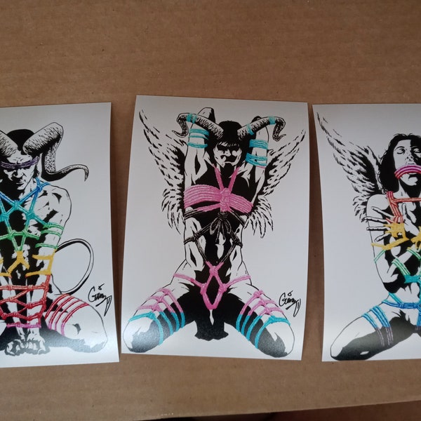 Demon angel Pride Kinbaku three pack of prints original comic style art print lgbtq trans gay shibari rope bondage bdsm fetish kink goth