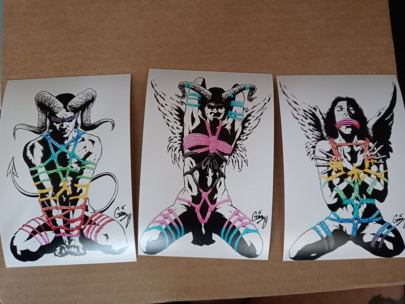 Demon angel Pride Kinbaku three pack of prints original comic style art print lgbtq trans gay shibari rope bondage bdsm fetish kink goth 