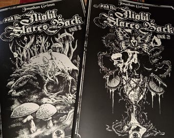 May include: Two black and white graphic novels, "...and the Night Stares Back," by Jonathan Grimm. Volume 1 features a skull with mushrooms, and Volume 2 has a skull with a butterfly and plant imagery. The covers have ornate lettering.