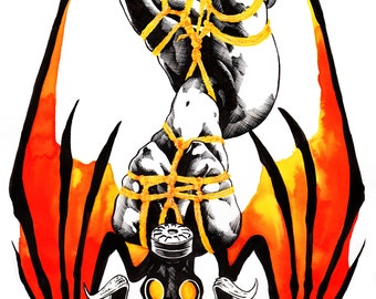 Suspended in Fire 11x17 original art print demon angel rope orange bondage fetish kinbaku shibari goth emo girl gas mask devil satanic