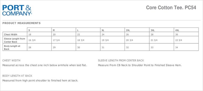 May include: A size chart for a Core Cotton Tee, model PC54, with measurements in inches for chest width, sleeve length from center back, and body length at back. Sizes range from S to 4XL.