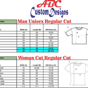 May include: A chart detailing t-shirt sizes for men and women, including width, length, and sleeve measurements in inches. The chart is labeled "ABC Custom Designs" and includes a diagram of a t-shirt for reference.
