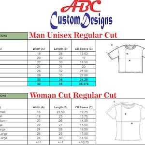 Puede incluir: Un gr&aacute;fico con especificaciones para camisetas unisex y de mujer. El gr&aacute;fico enumera la talla, el ancho, la longitud y la longitud de la manga en pulgadas. El gr&aacute;fico tambi&eacute;n incluye un diagrama de una camiseta con las medidas etiquetadas.