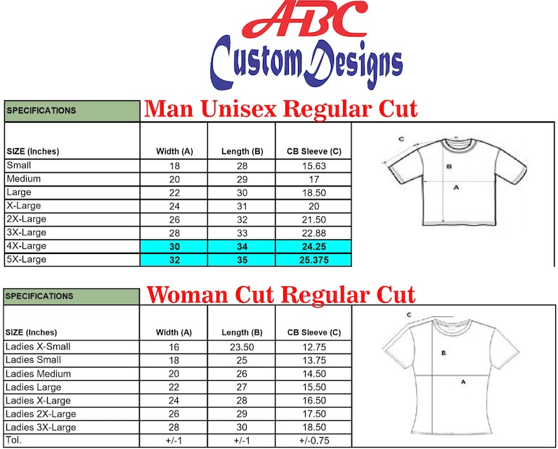 Puede incluir: Un gr&aacute;fico con especificaciones para camisetas unisex y de mujer. El gr&aacute;fico enumera la talla, el ancho, la longitud y la longitud de la manga en pulgadas. El gr&aacute;fico tambi&eacute;n incluye un diagrama de una camiseta con las medidas etiquetadas.