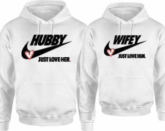 Hubby Wifey Just Love HIM/hER Funny  Christmas Hoodies Pull over  Matching Love Couples Valentines  Matching