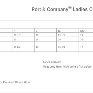 May include: Size chart for a women's core cotton tee shirt. The chart shows measurements in inches for bust, body length, and sleeve length from center back for sizes XS to 4XL. The chart is labeled "Port & Company&reg; Ladies Core Cotton Tee. LPC54".