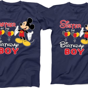 May include: Two navy blue t-shirts with a Mickey Mouse graphic and the text "Brother of the Birthday Boy" and "Sister of the Birthday Boy".