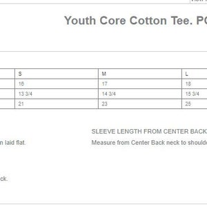 May include: Size chart for a youth core cotton tee, showing chest width, sleeve length from center back, and body length at back measurements in inches for sizes XS, S, M, L, and XL.