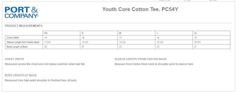 May include: Size chart for a youth core cotton tee, showing chest width, sleeve length from center back, and body length at back measurements in inches for sizes XS, S, M, L, and XL.