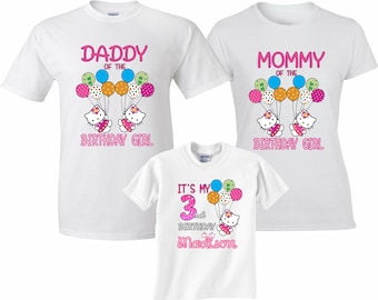 Custom Family Birthday Girl T-Shirt: Hello Cat Balloons