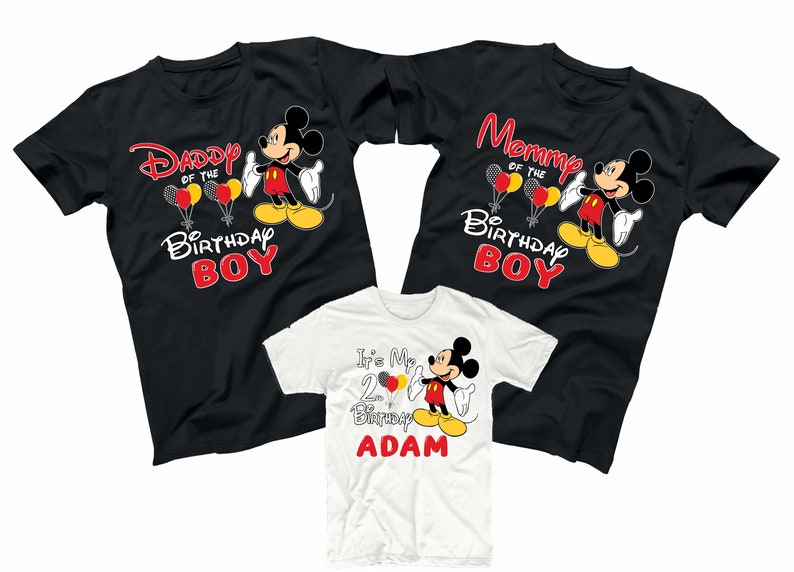 May include: Three black t-shirts with a Mickey Mouse design. The shirts say "Daddy of the Birthday Boy", "Mommy of the Birthday Boy", and "It's My 2nd Birthday Adam".